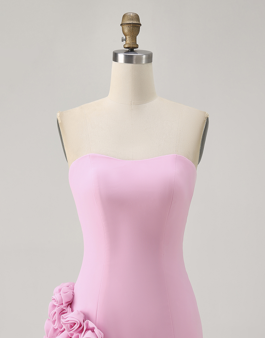 Pink Strapless Tight Satin Short Homecoming Dress with 3D Flowers