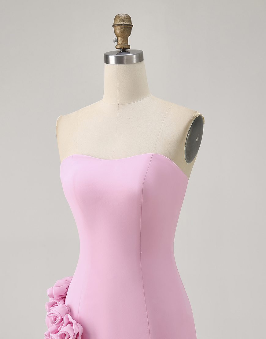 Pink Strapless Tight Satin Short Homecoming Dress with 3D Flowers