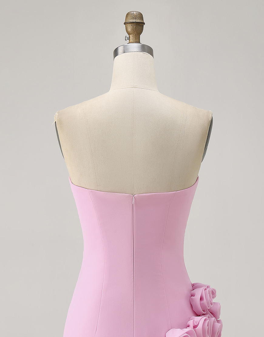 Pink Strapless Tight Satin Short Homecoming Dress with 3D Flowers