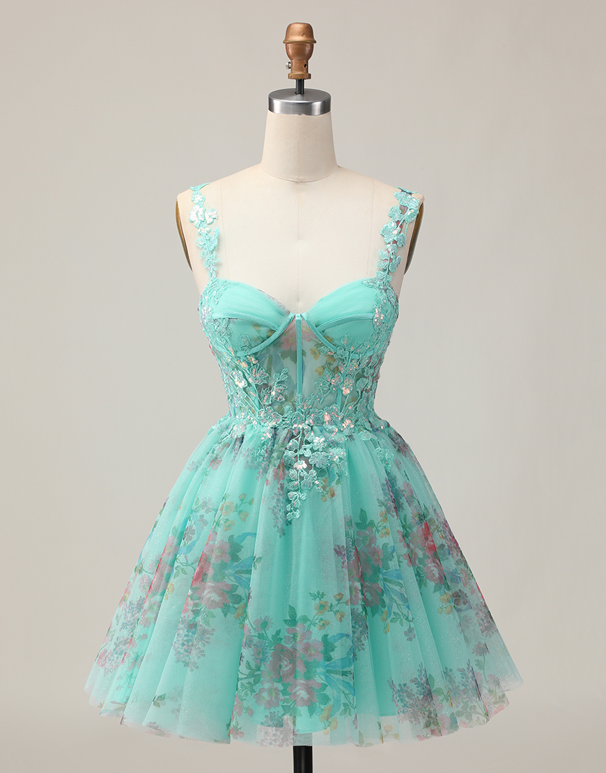 Sparkly Green Floral A Line Short Corset Homecoming Dress with Sequins