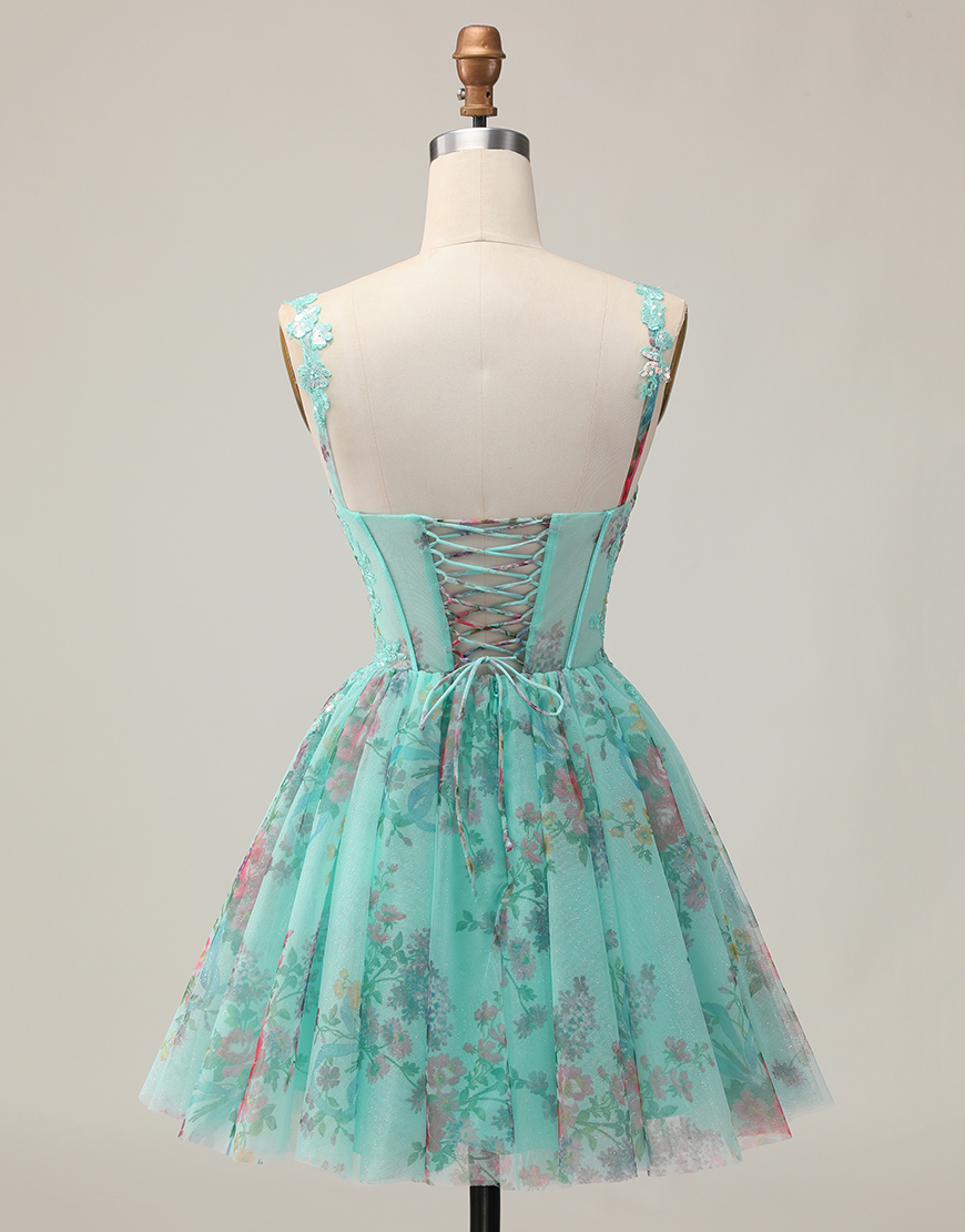 Sparkly Green Floral A Line Short Corset Homecoming Dress with Sequins