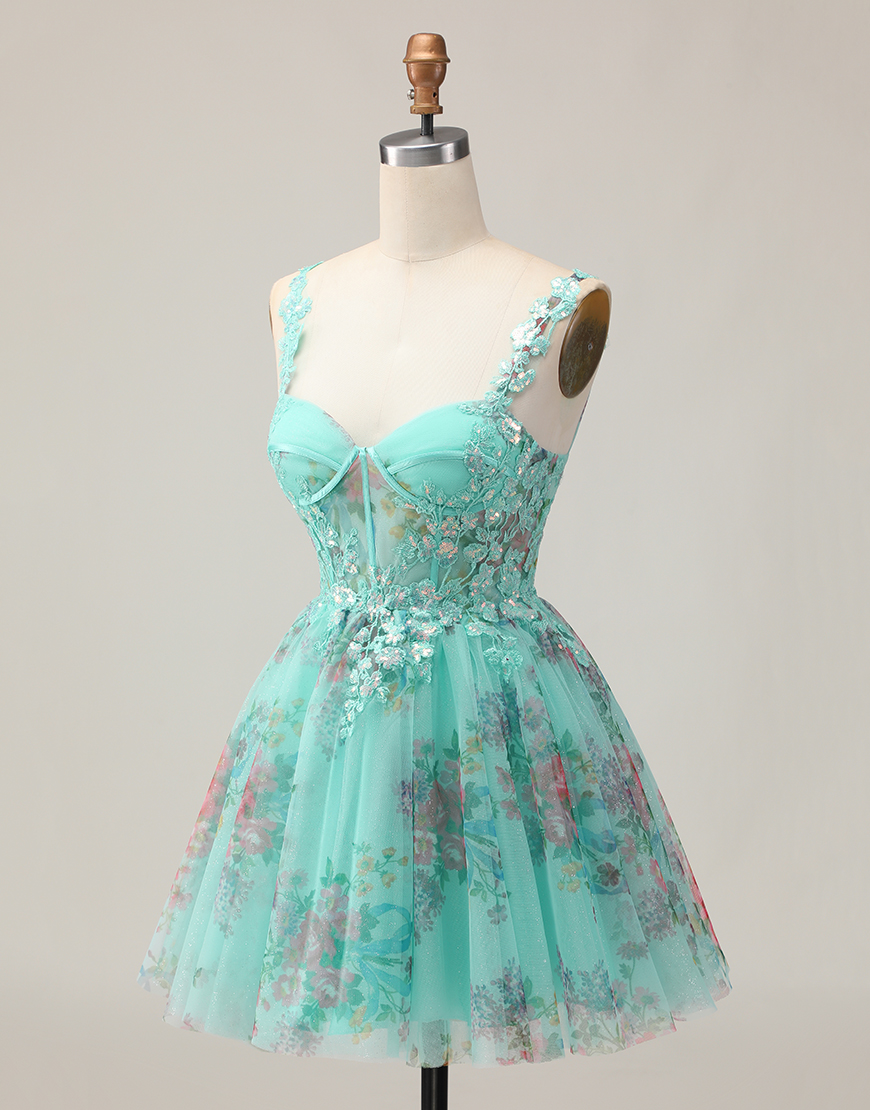 Sparkly Green Floral A Line Short Corset Homecoming Dress with Sequins