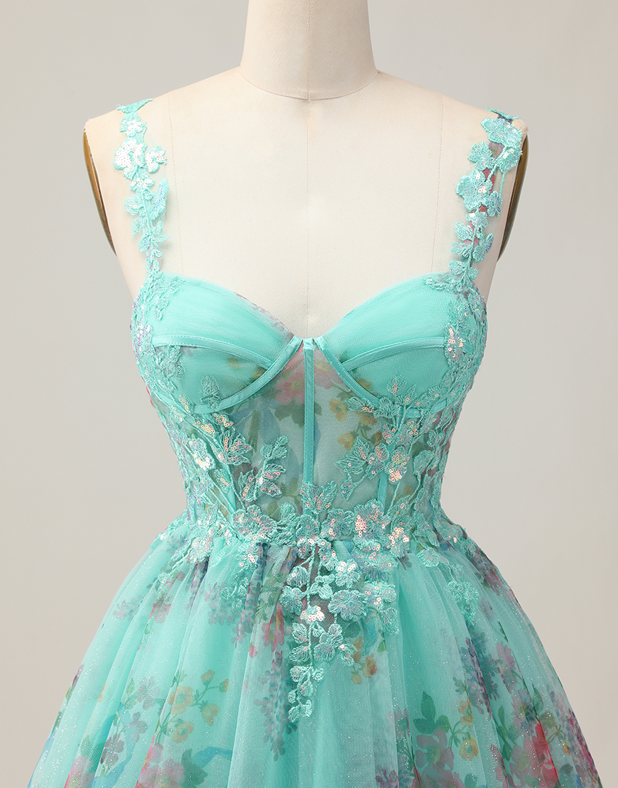 Sparkly Green Floral A Line Short Corset Homecoming Dress with Sequins