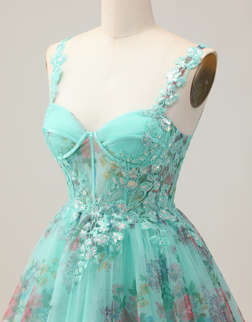Sparkly Green Floral A Line Short Corset Homecoming Dress with Sequins