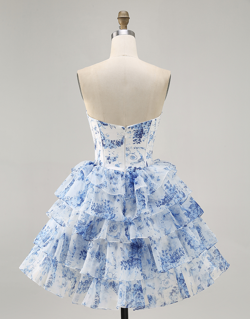Sparkly White Blue Floral A Line Short Corset Homecoming Dress with Ruffles