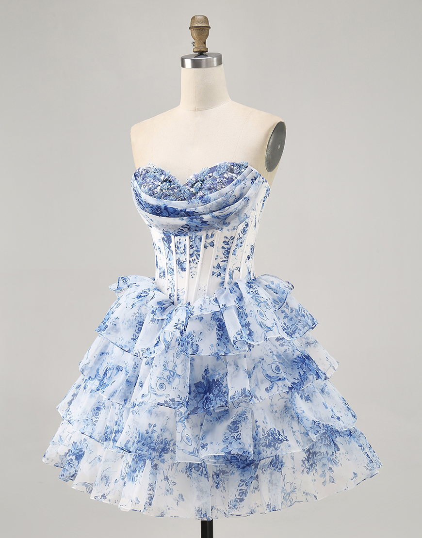 Sparkly White Blue Floral A Line Short Corset Homecoming Dress with Ruffles