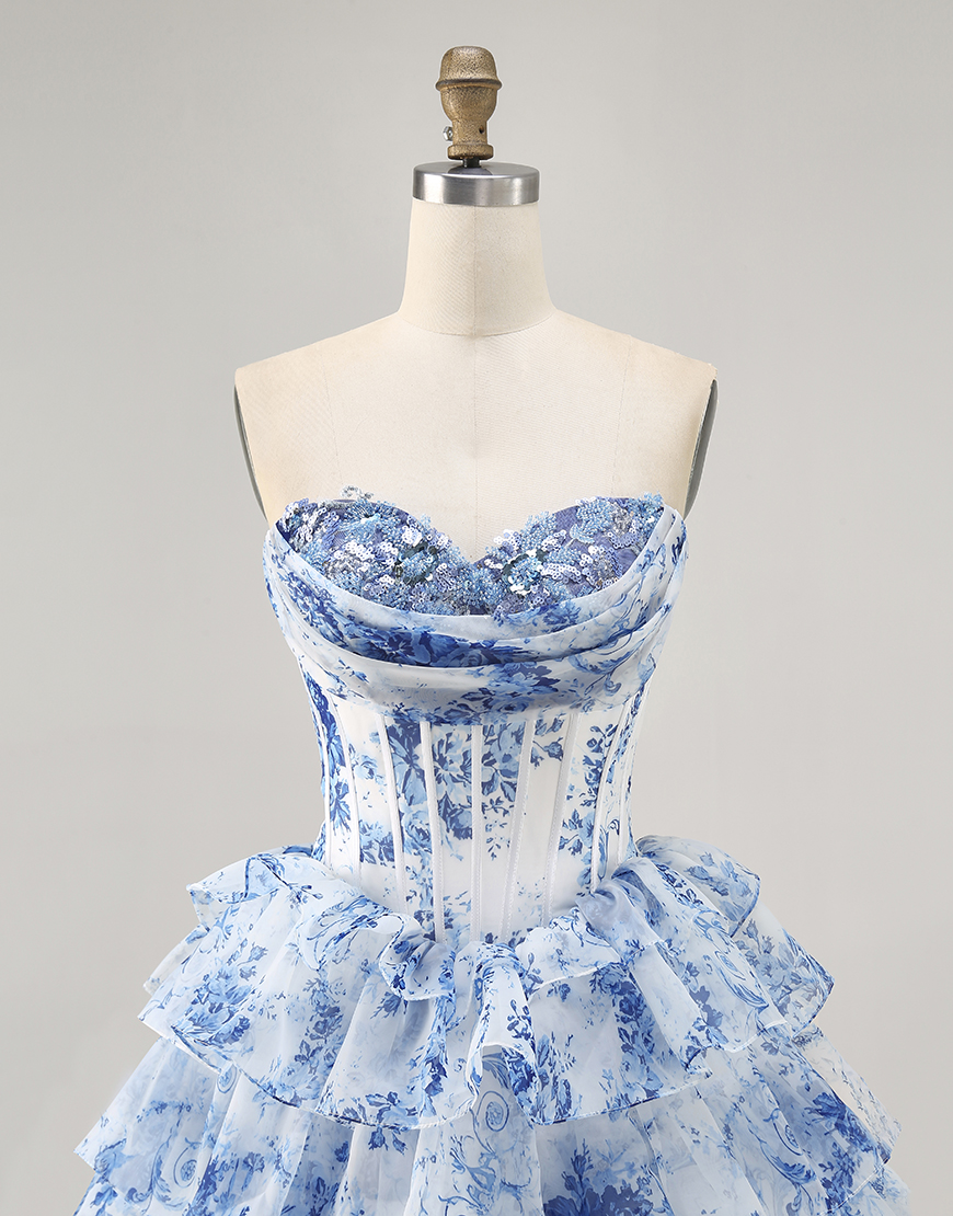 Sparkly White Blue Floral A Line Short Corset Homecoming Dress with Ruffles