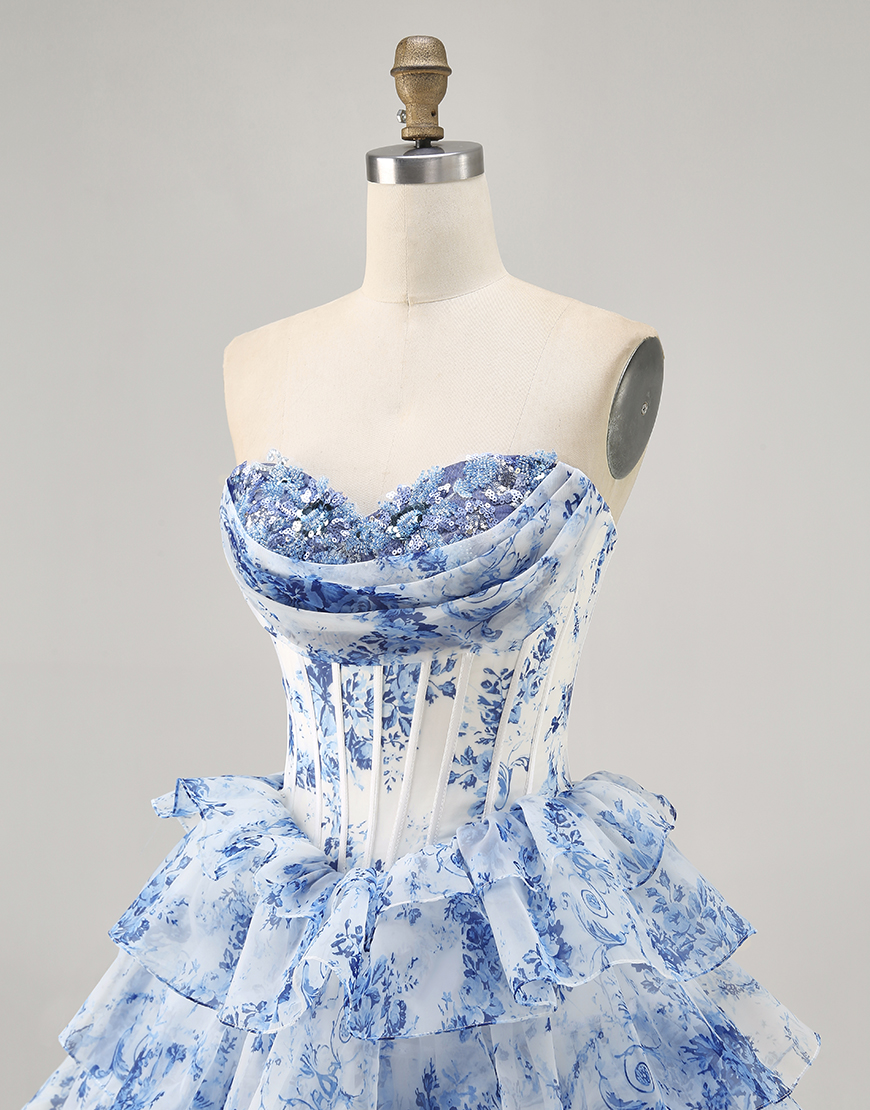Sparkly White Blue Floral A Line Short Corset Homecoming Dress with Ruffles