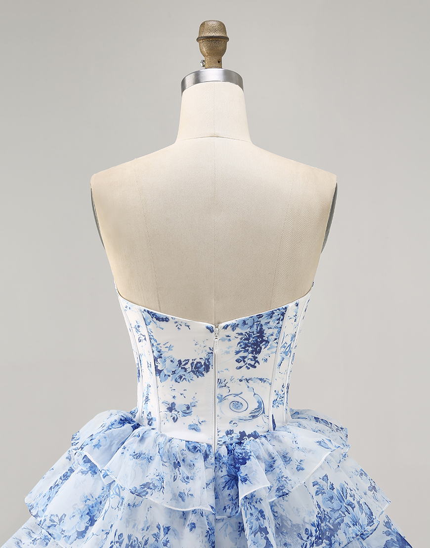 Sparkly White Blue Floral A Line Short Corset Homecoming Dress with Ruffles