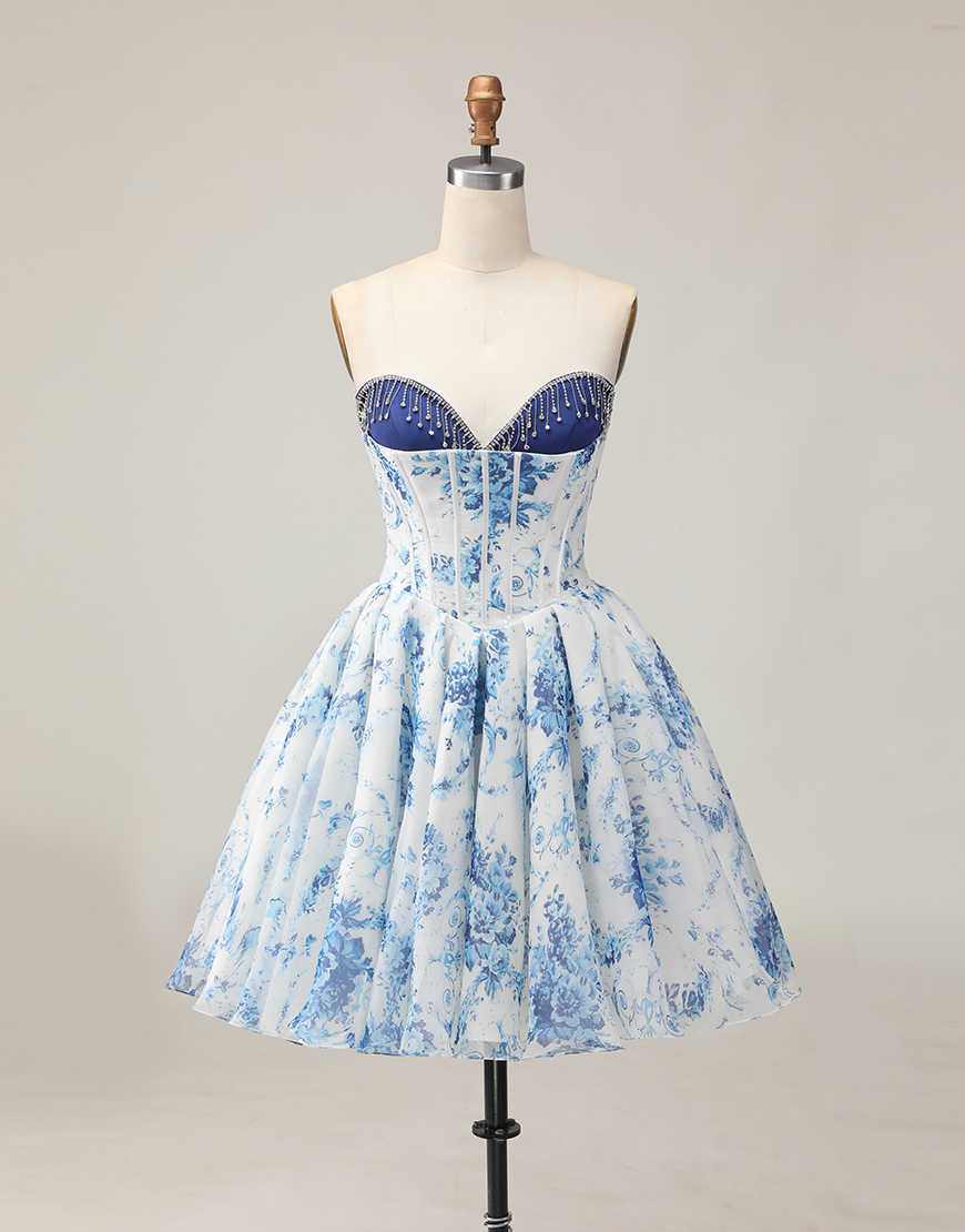 White and Blue Floral Sweetheart A-Line Corset Homecoming Dress with Beading