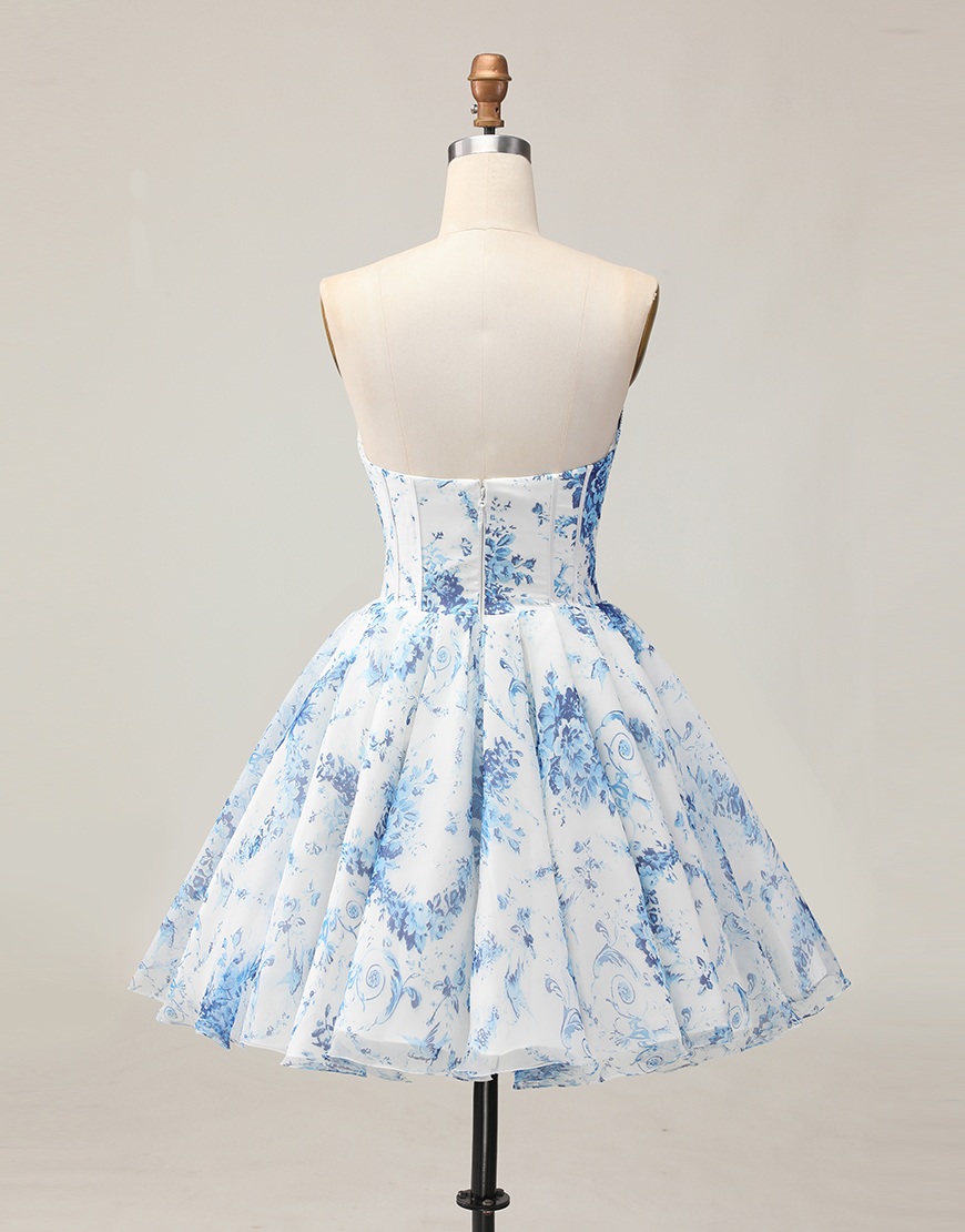 White and Blue Floral Sweetheart A-Line Corset Homecoming Dress with Beading