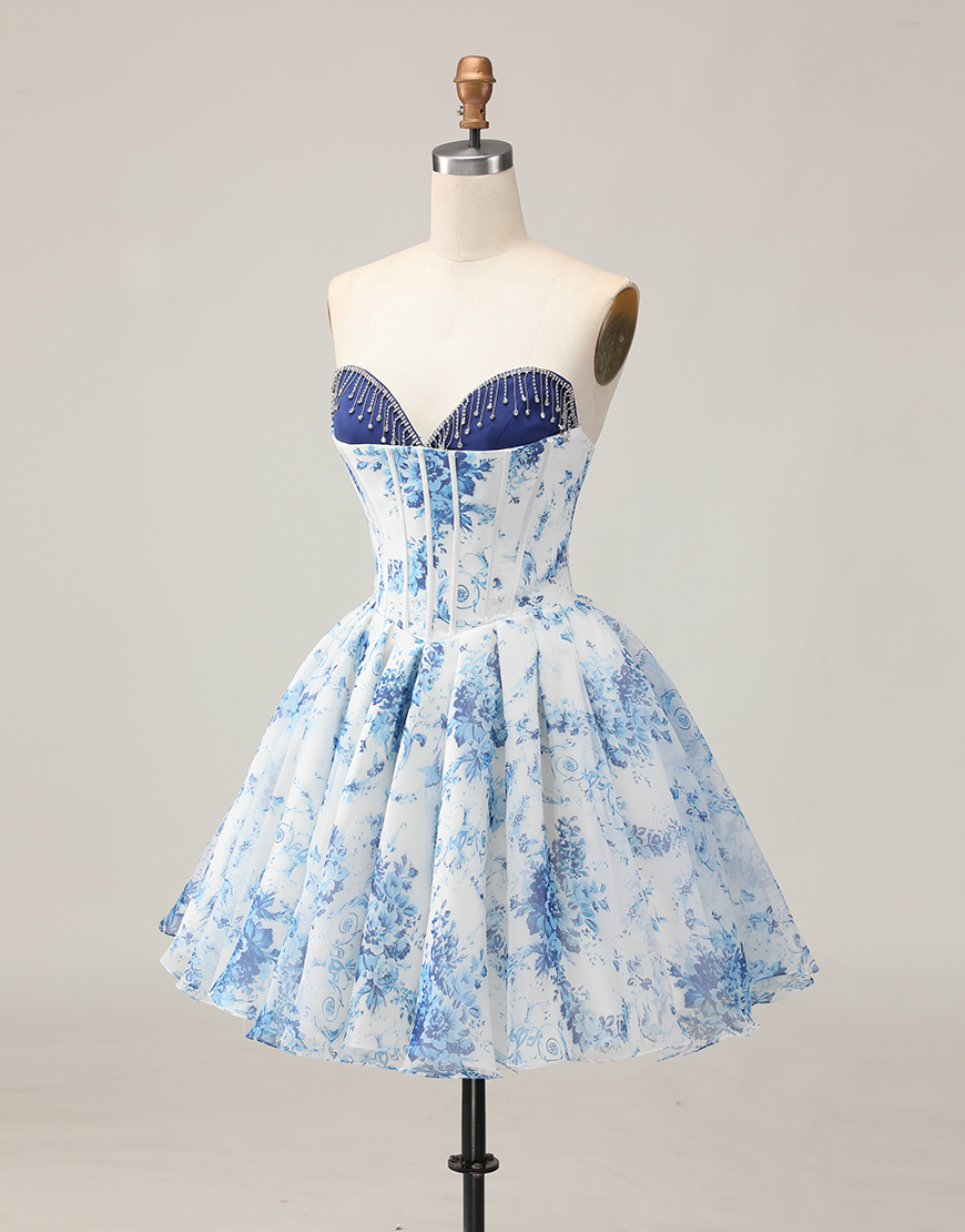White and Blue Floral Sweetheart A-Line Corset Homecoming Dress with Beading