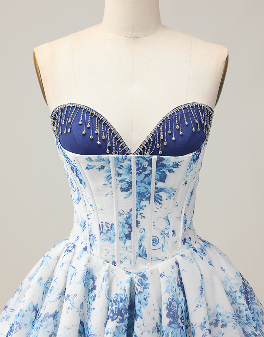 White and Blue Floral Sweetheart A-Line Corset Homecoming Dress with Beading