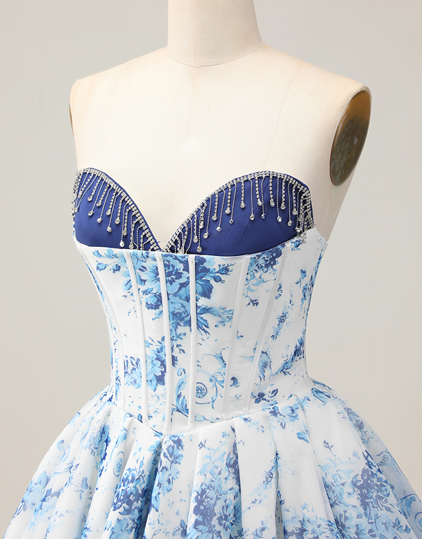 White and Blue Floral Sweetheart A-Line Corset Homecoming Dress with Beading