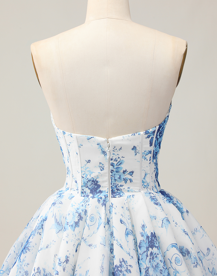White and Blue Floral Sweetheart A-Line Corset Homecoming Dress with Beading