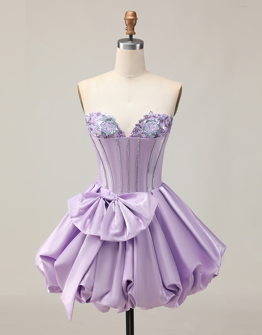 Purple Sweetheart Satin A-Line Short Corset Homecoming Dress with Bow