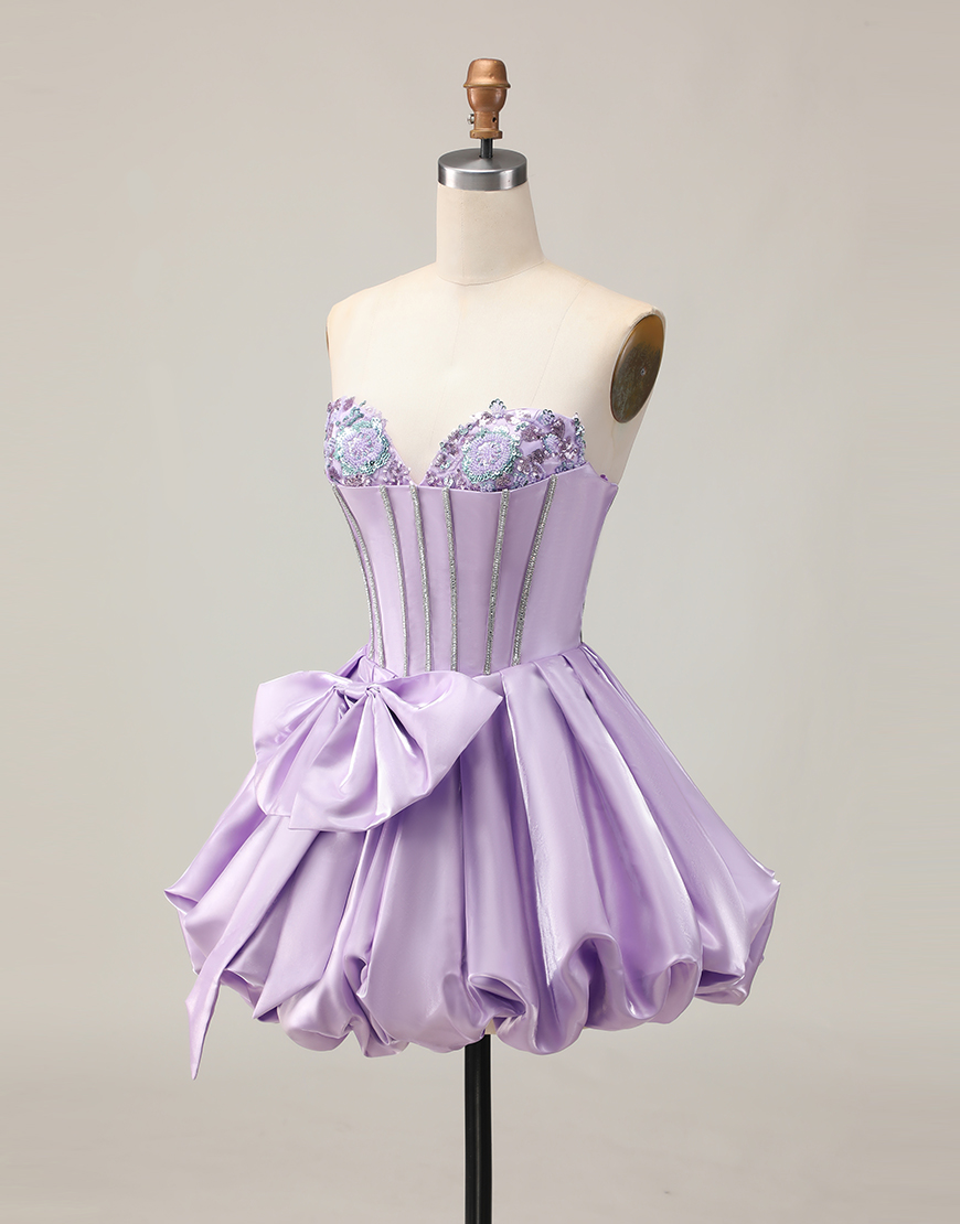 Purple Sweetheart Satin A-Line Short Corset Homecoming Dress with Bow