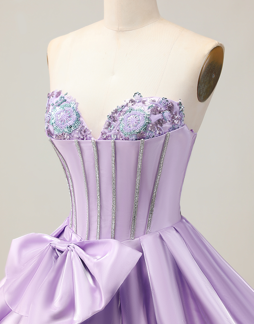Purple Sweetheart Satin A-Line Short Corset Homecoming Dress with Bow
