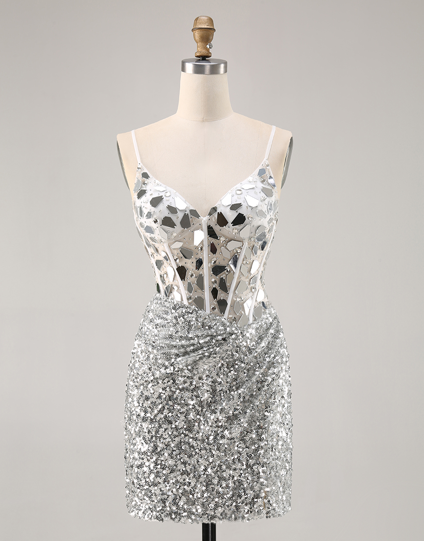 Sparkly Silver Corset Sequins V-Neck Short Mirror Homecoming Dress with Mirror