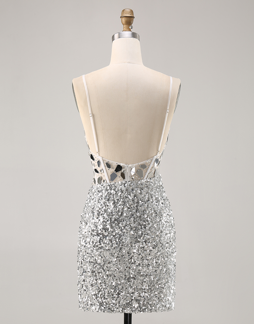 Sparkly Silver Corset Sequins V-Neck Short Mirror Homecoming Dress with Mirror