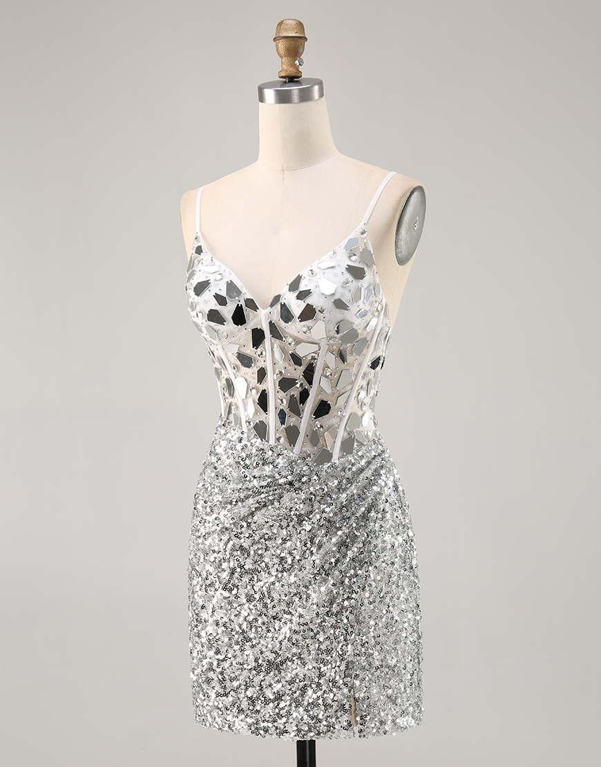 Sparkly Silver Corset Sequins V-Neck Short Mirror Homecoming Dress with Mirror