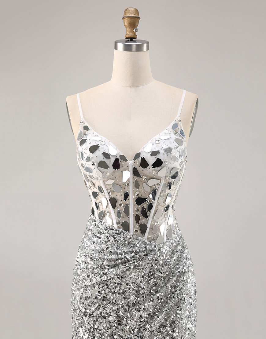 Sparkly Silver Corset Sequins V-Neck Short Mirror Homecoming Dress with Mirror
