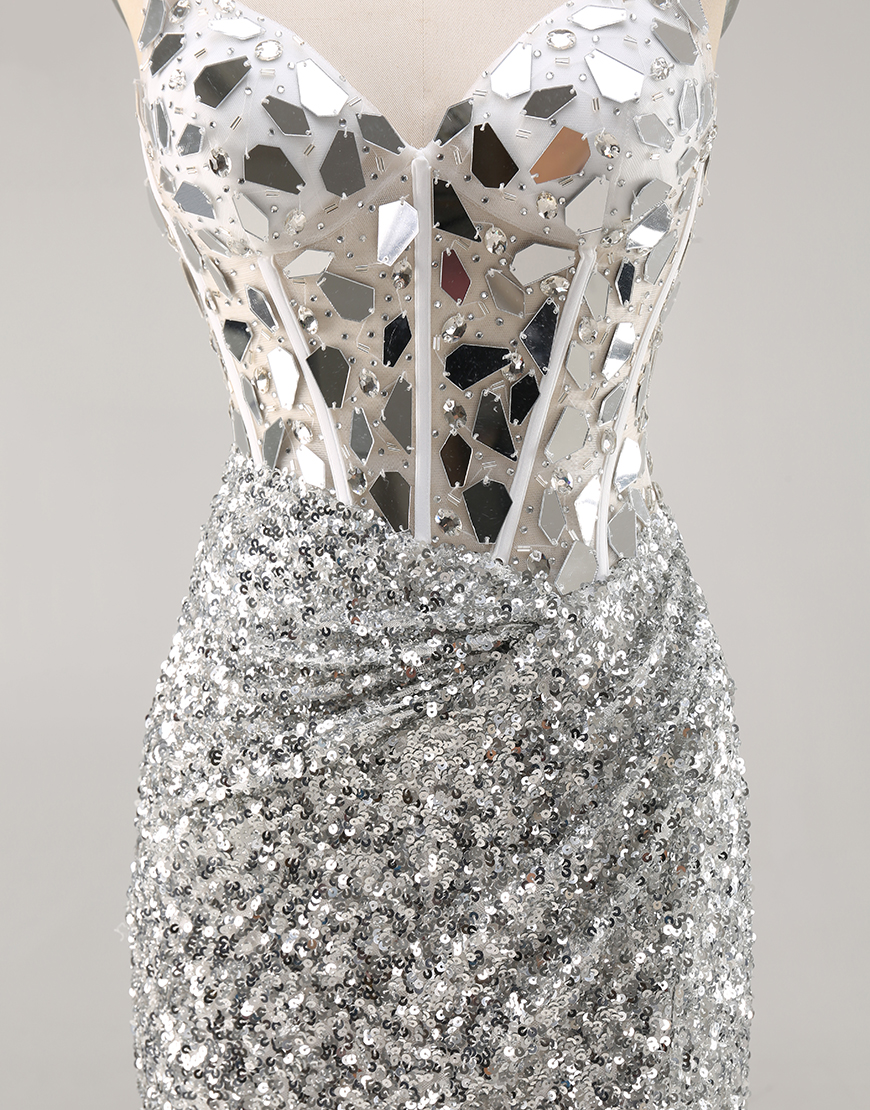 Sparkly Silver Corset Sequins V-Neck Short Mirror Homecoming Dress with Mirror