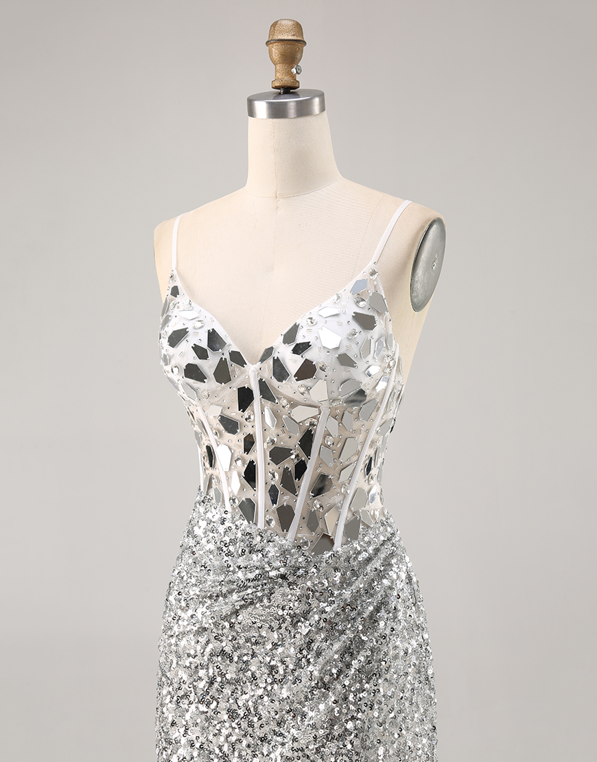 Sparkly Silver Corset Sequins V-Neck Short Mirror Homecoming Dress with Mirror
