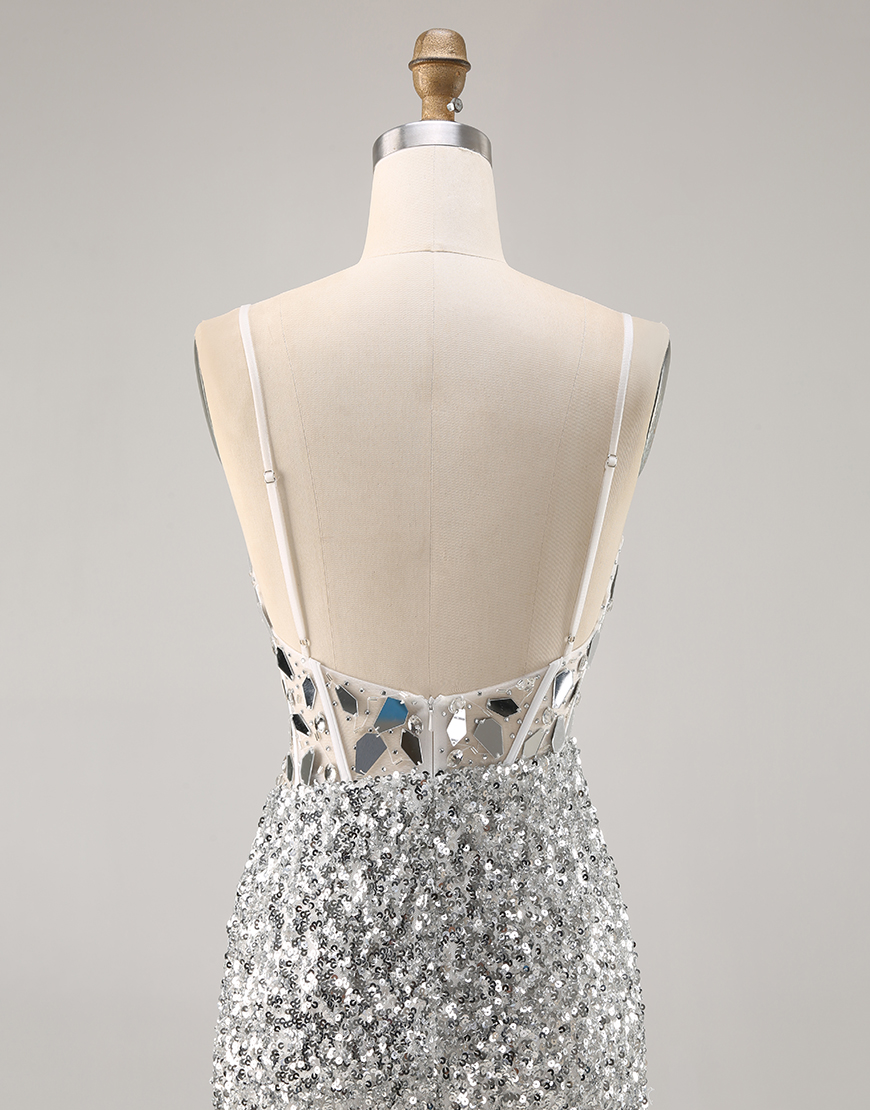 Sparkly Silver Corset Sequins V-Neck Short Mirror Homecoming Dress with Mirror