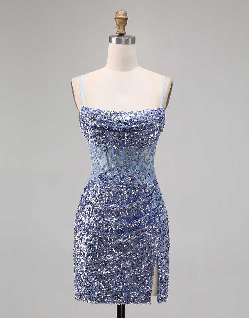 Sparkly Grey Blue Corset Tight Sequins Short Homecoming Dress with Slit