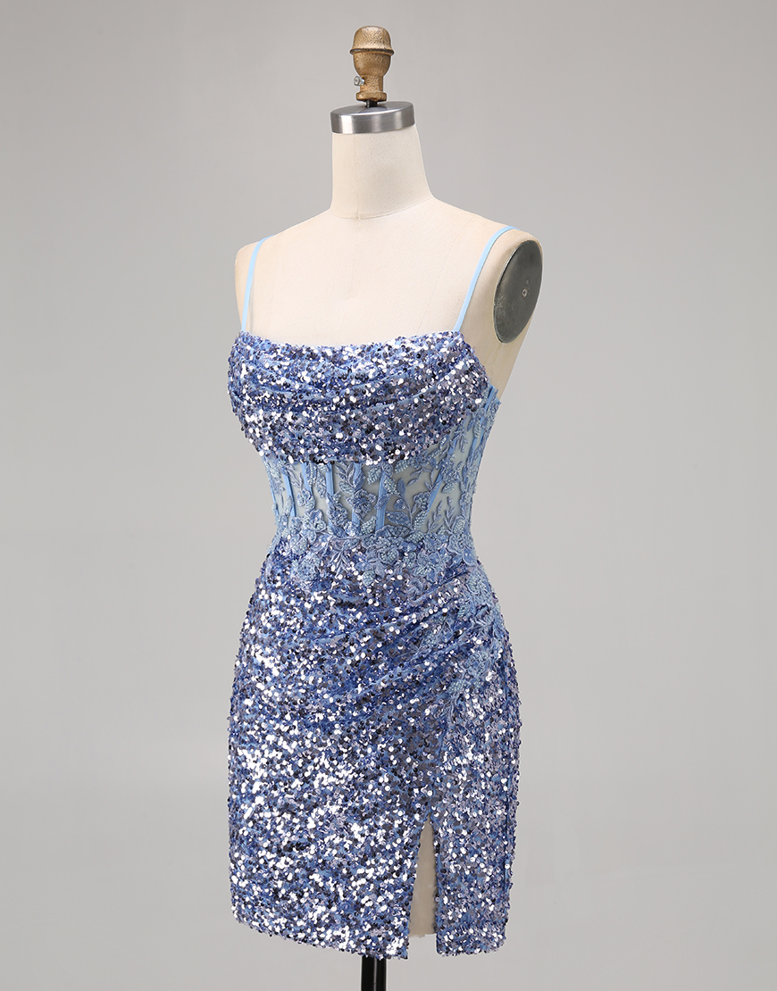 Sparkly Peacock Green Spaghetti Straps Sequins Short Homecoming Dress