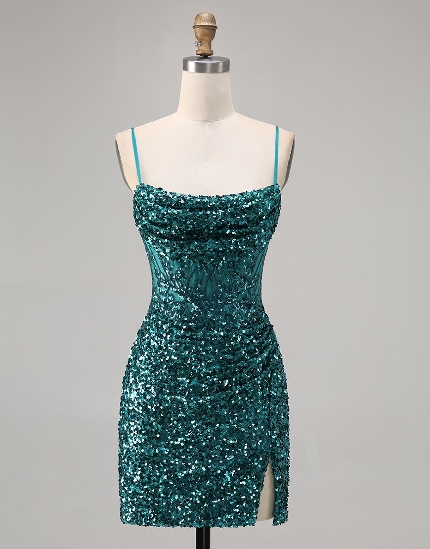 Sparkly Peacock Green Spaghetti Straps Sequins Short Homecoming Dress