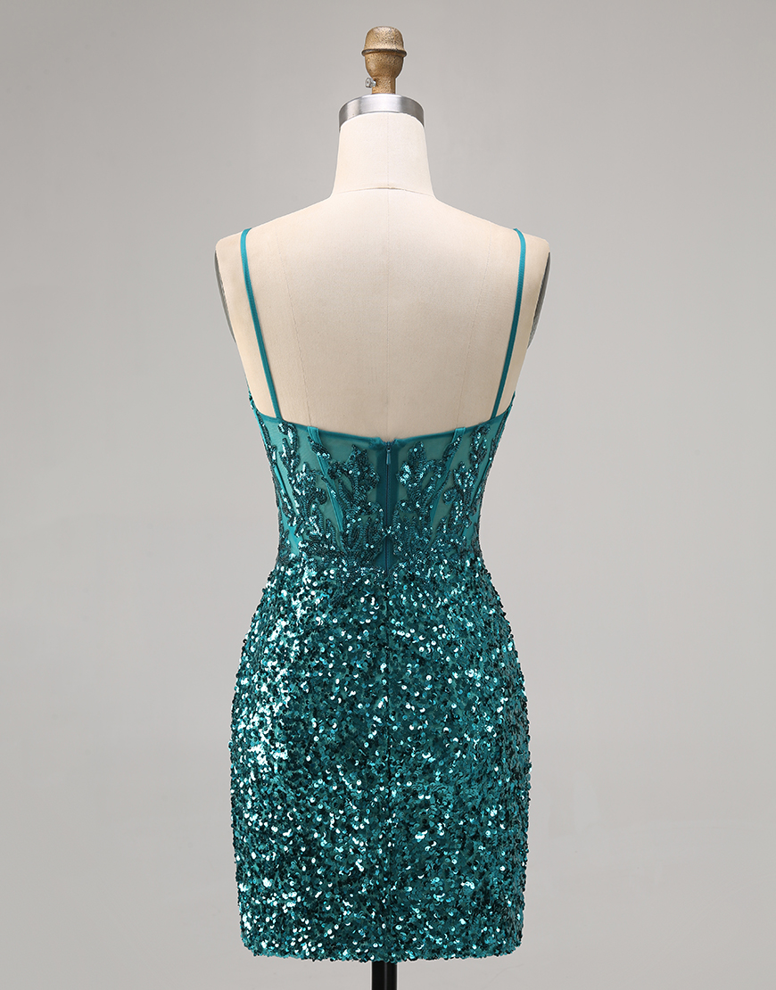 Sparkly Peacock Green Spaghetti Straps Sequins Short Homecoming Dress