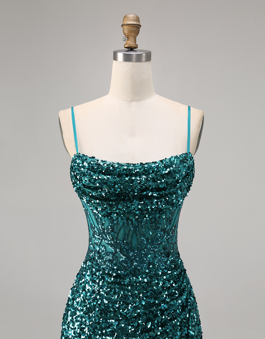 Sparkly Peacock Green Spaghetti Straps Sequins Short Homecoming Dress