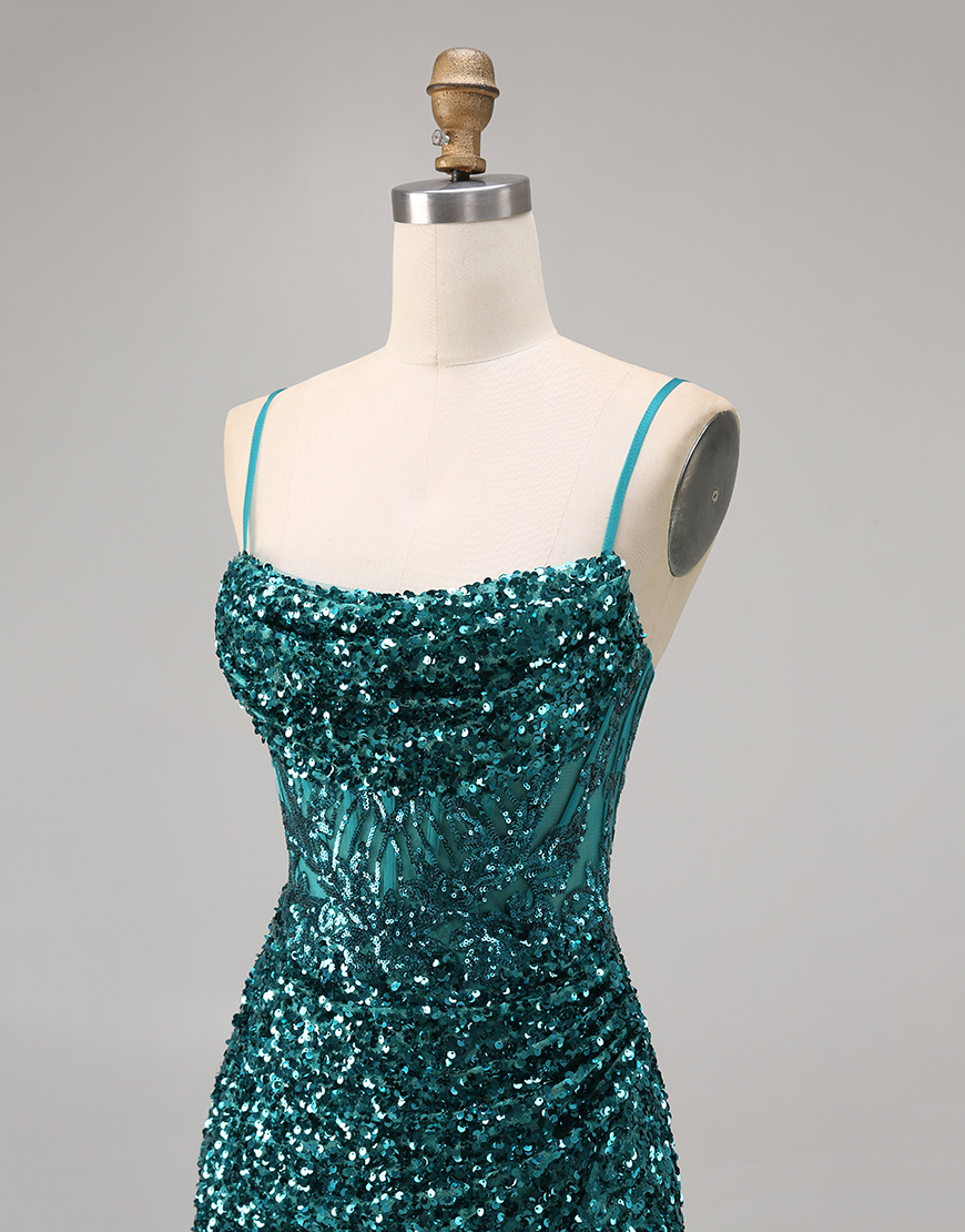 Sparkly Peacock Green Spaghetti Straps Sequins Short Homecoming Dress