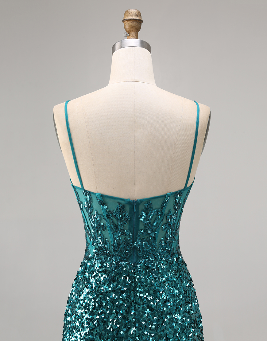 Sparkly Peacock Green Spaghetti Straps Sequins Short Homecoming Dress