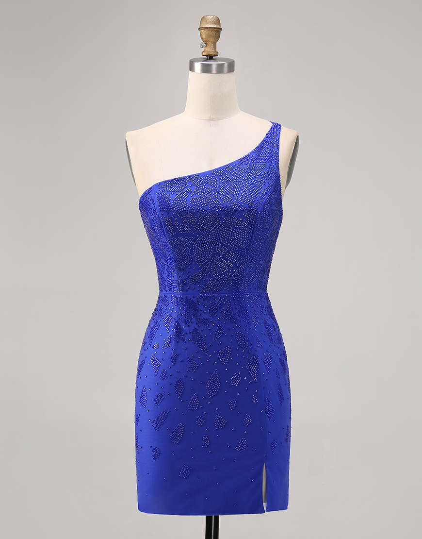 Sparkly Royal Blue Beaded Tight Short Homecoming Dress with Slit