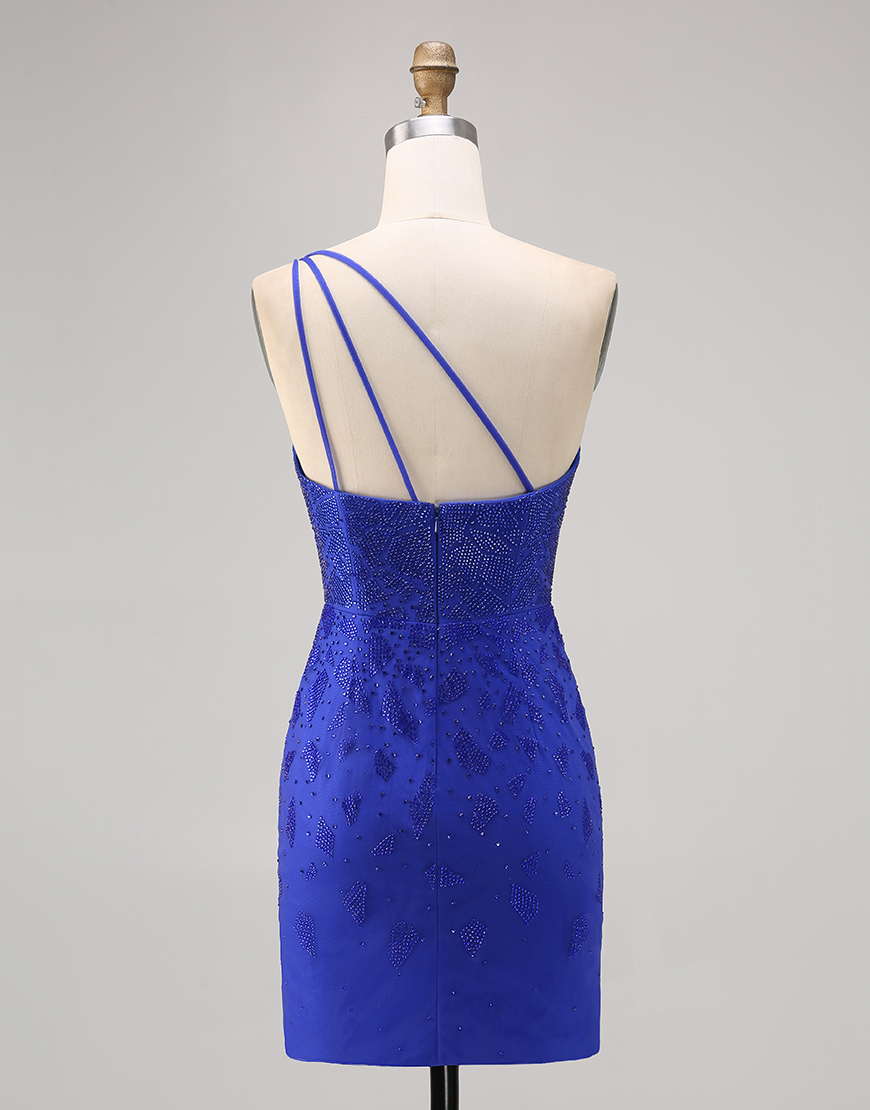 Sparkly Royal Blue Beaded Tight Short Homecoming Dress with Slit