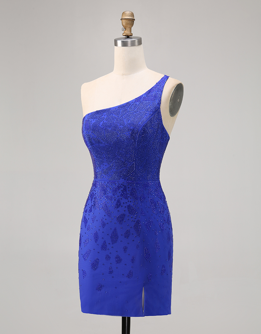 Sparkly Royal Blue Beaded Tight Short Homecoming Dress with Slit