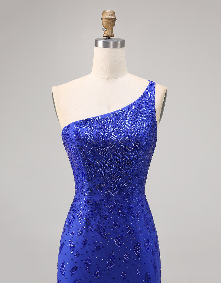 Sparkly Royal Blue Beaded Tight Short Homecoming Dress with Slit
