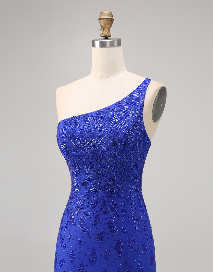 Sparkly Royal Blue Beaded Tight Short Homecoming Dress with Slit
