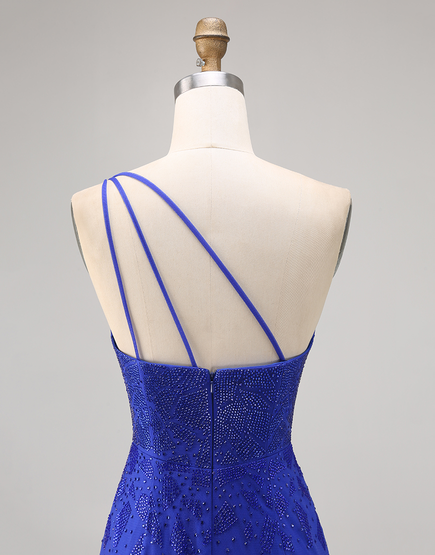 Sparkly Royal Blue Beaded Tight Short Homecoming Dress with Slit