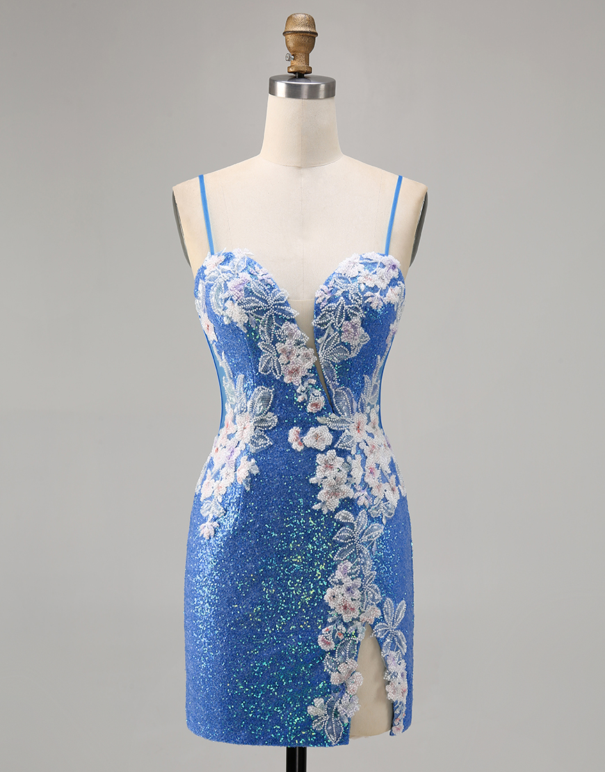Sparkly Blue Floral Sequins Short Homecoming Dress with Slit