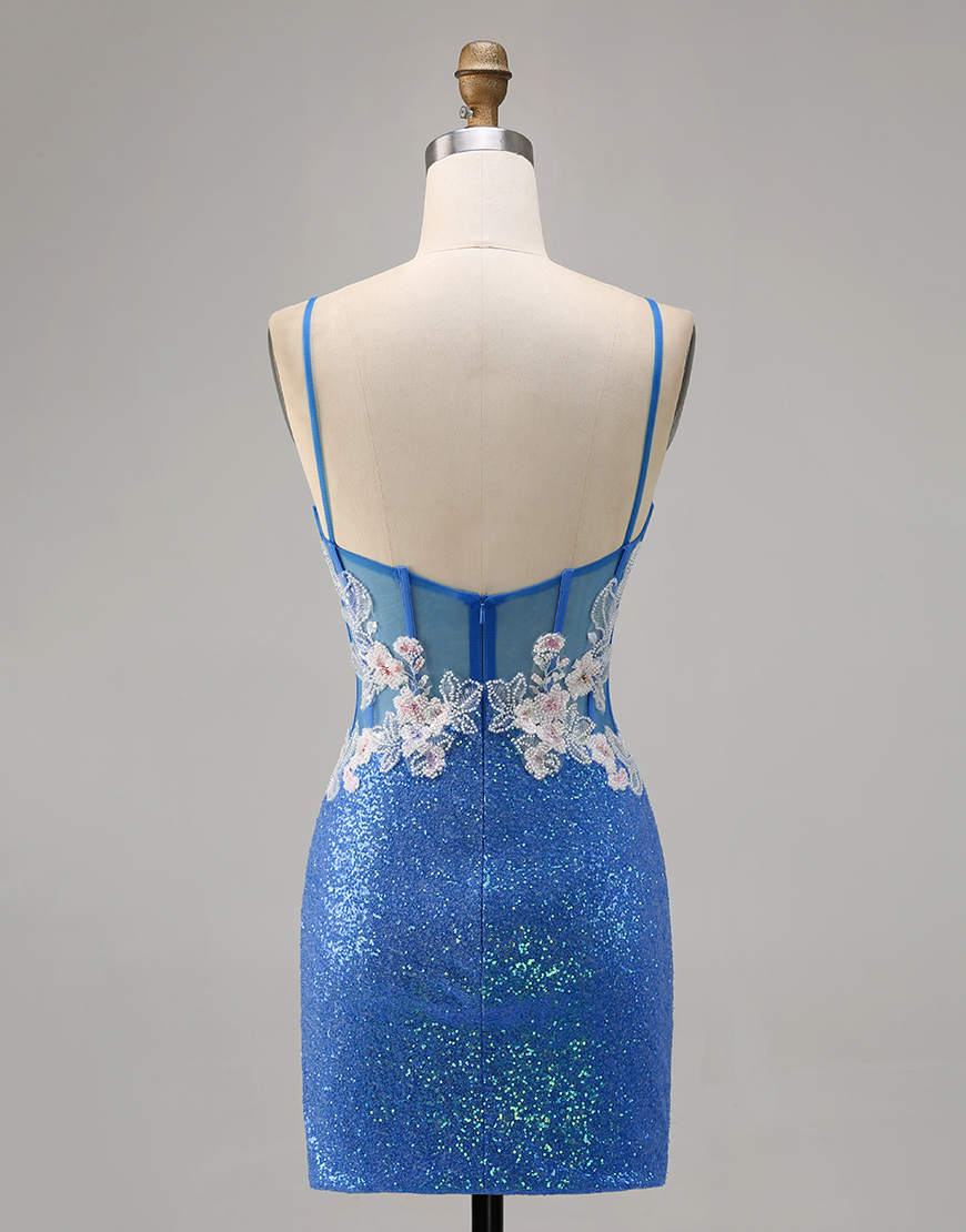 Sparkly Blue Floral Sequins Short Homecoming Dress with Slit