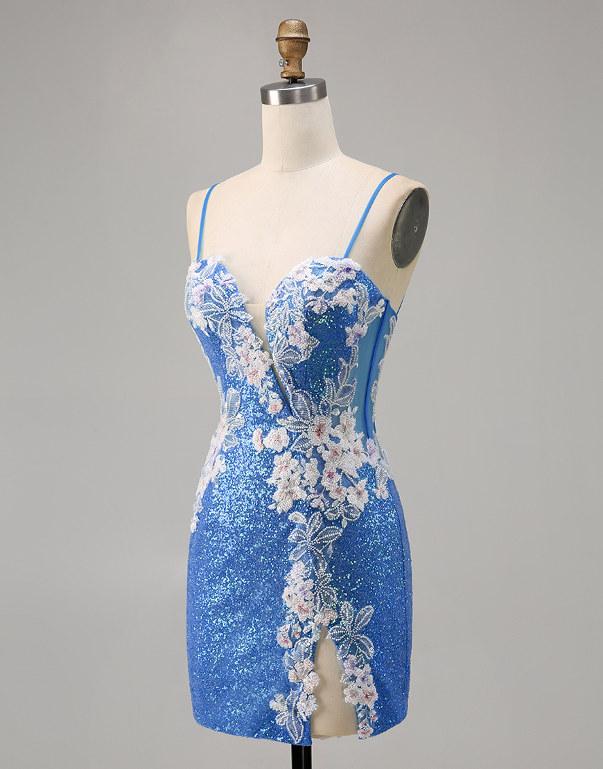 Sparkly Blue Floral Sequins Short Homecoming Dress with Slit