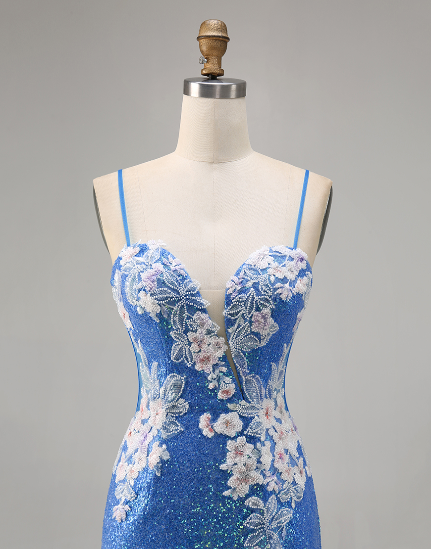 Sparkly Blue Floral Sequins Short Homecoming Dress with Slit