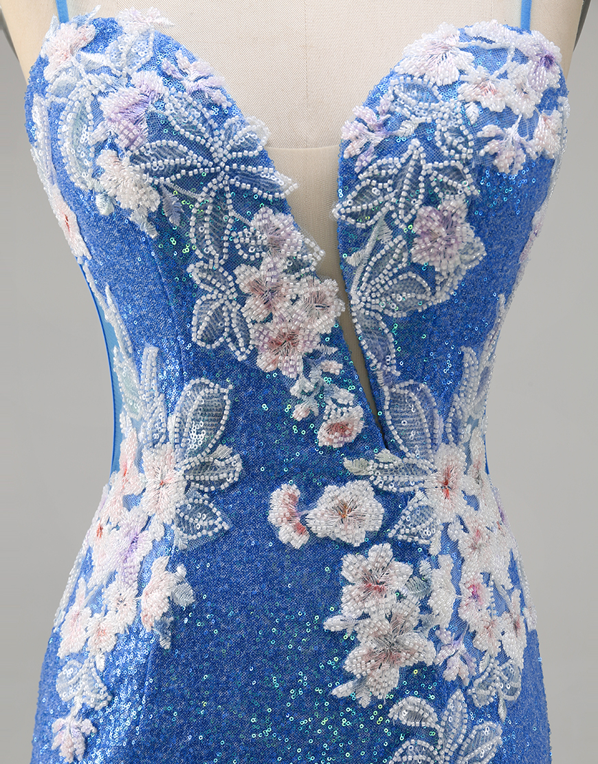 Sparkly Blue Floral Sequins Short Homecoming Dress with Slit