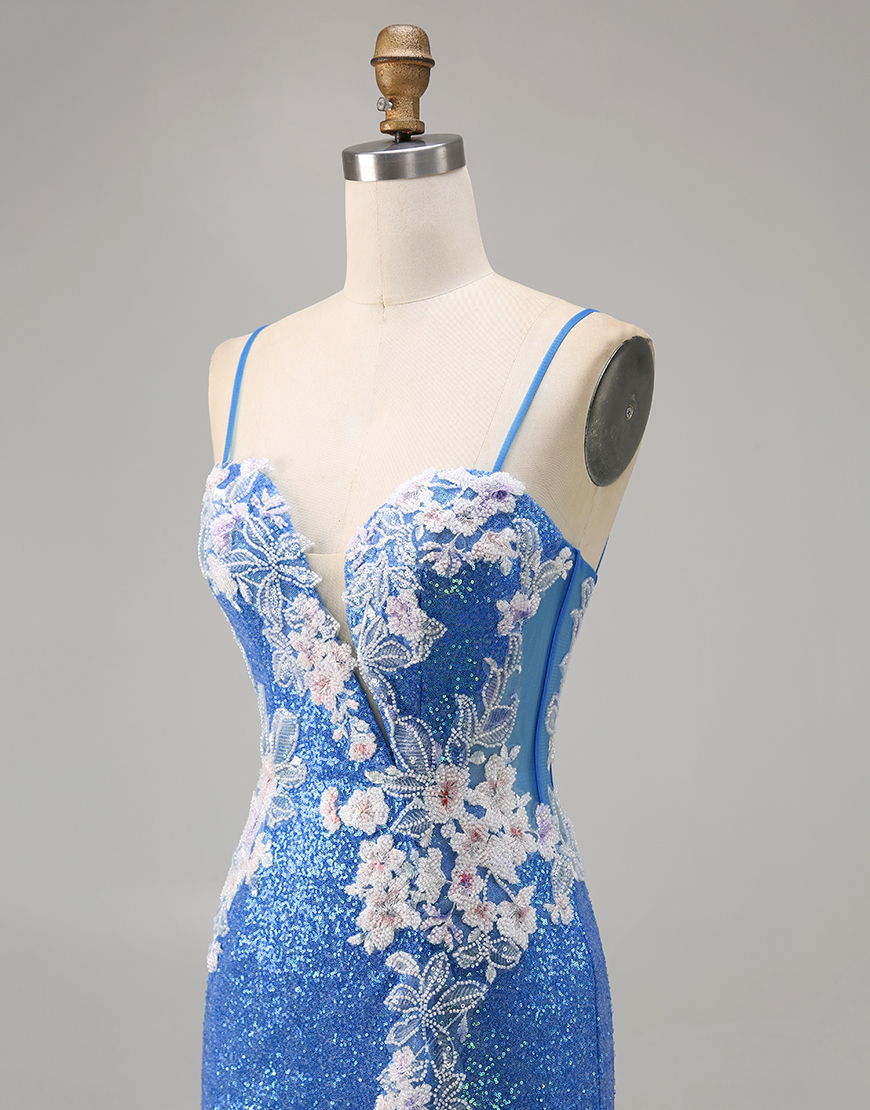 Sparkly Blue Floral Sequins Short Homecoming Dress with Slit