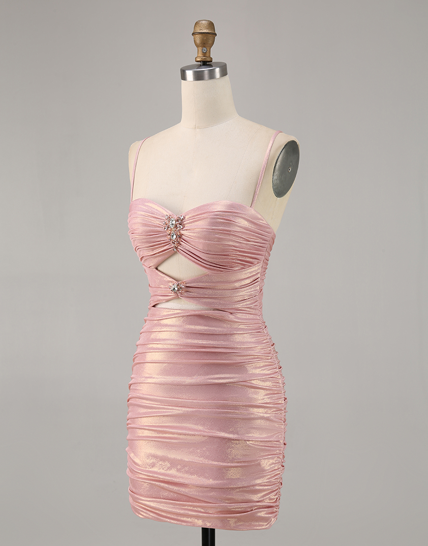 Metallic Blush Cut Out Tight Short Homecoming Dress