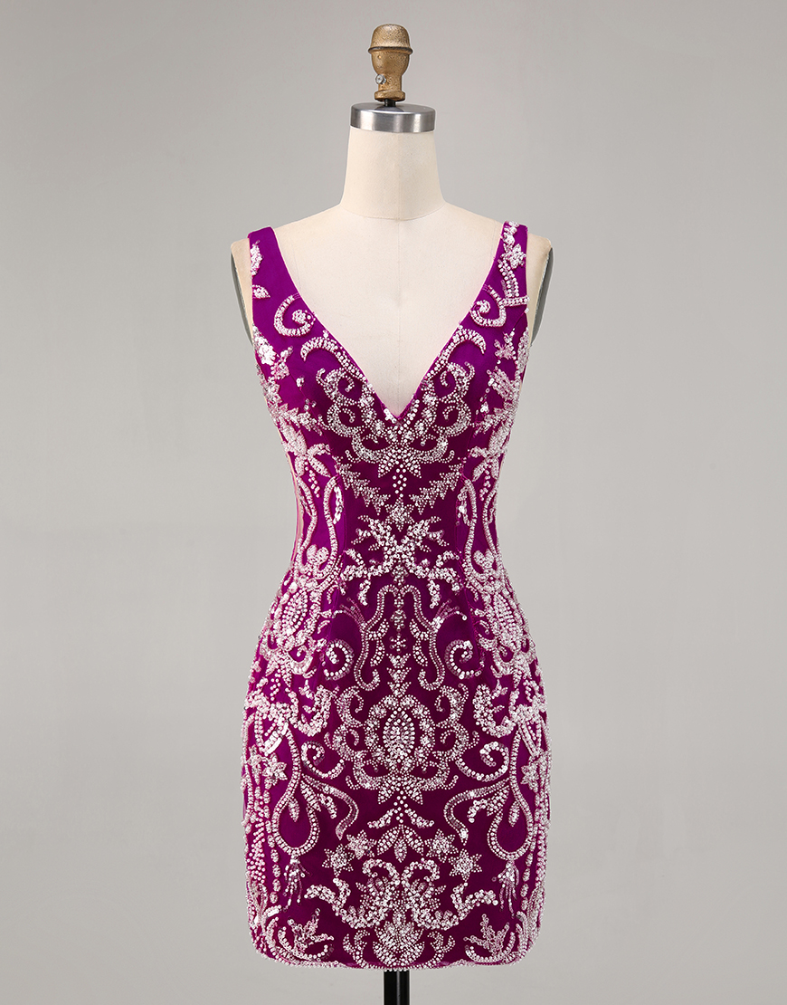 Sparkly Fuchsia Tight Short V-Neck Homecoming Dress with Beading